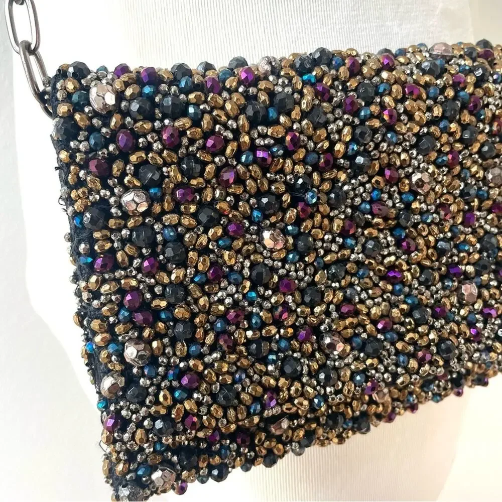 Free People Multicolor Black Beaded Evening Clutch Purse w/ Gunmetal Chain Strap